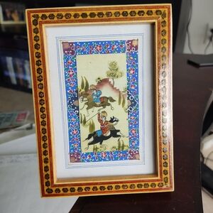 Vintage Persian Miniature Framed Art with Middle Eastern Riders On Horses